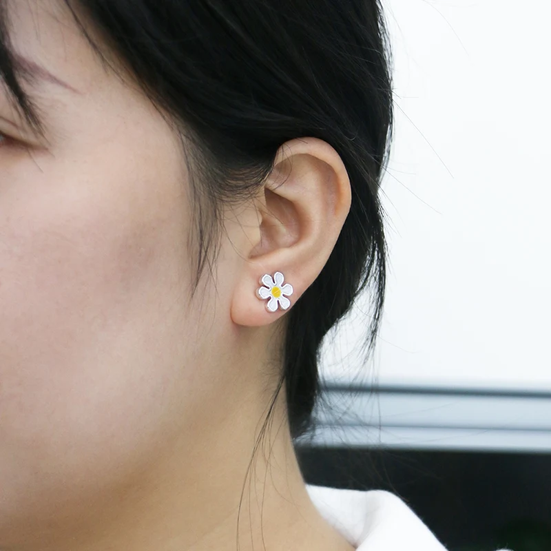 Brass Plated and Enamel Small Daisy Flower Earrings